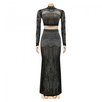 Mesh Hot Drilling See Through Skirt Set Women Crystal Long Sleeve Top And Maxi Skirt Suits Clubwear